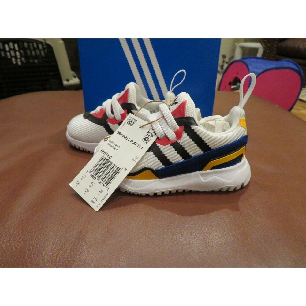 NWT Toddler Boys White, Black & Blue Adidas Originals Flex Tennis Shoes, 4